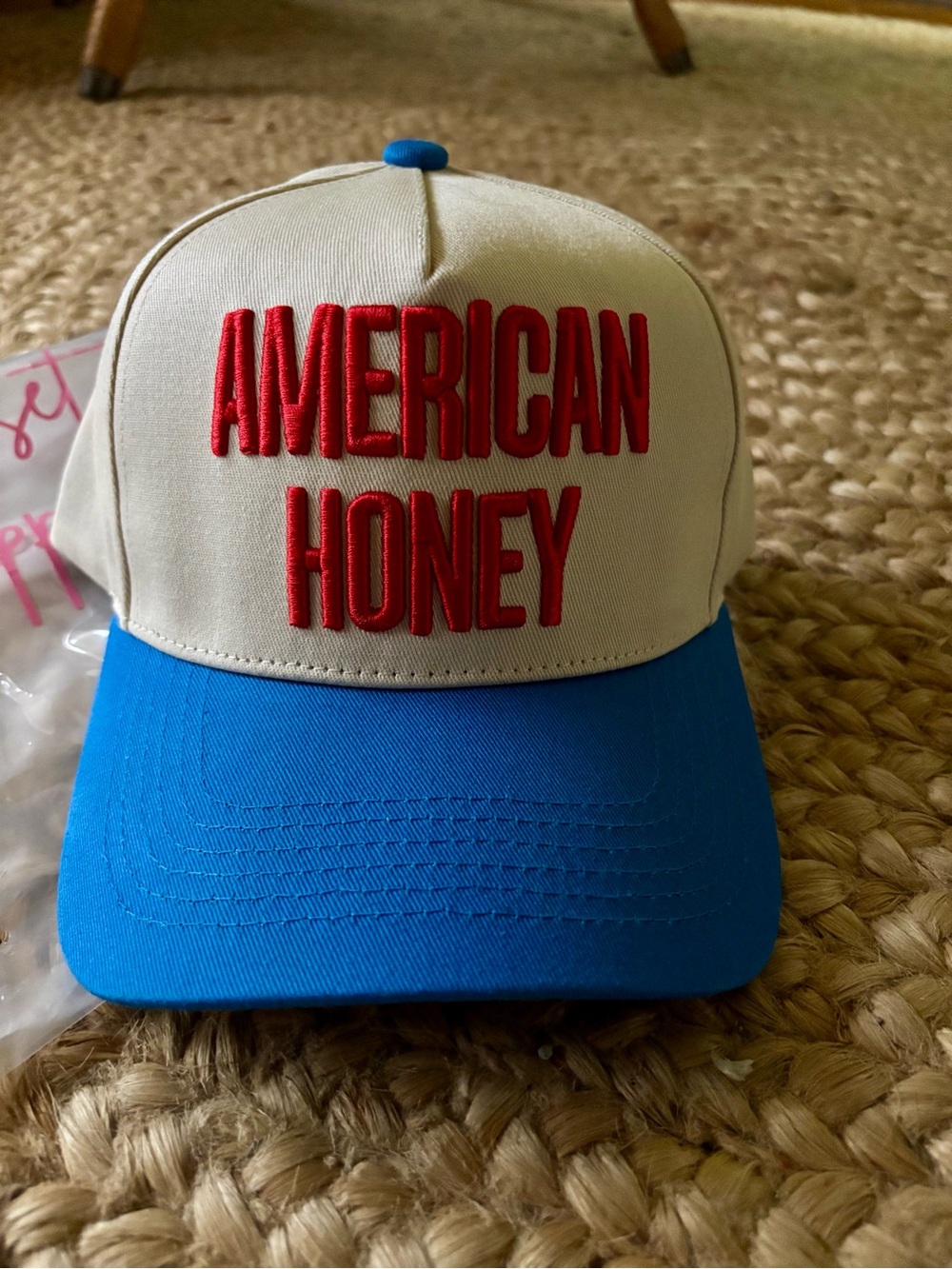 American Honey White & Blue Trucker Hat with Red Embroidery